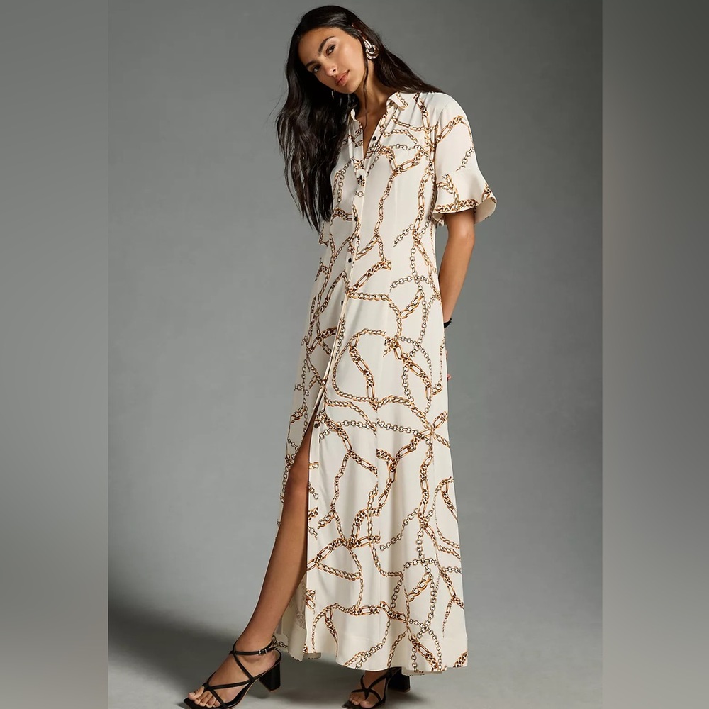 Anthropologie Cream and Brown Chain Print Dress